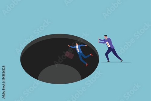Vector illustration of a businessman pushing another businessman into a hole, representing rivalry, betrayal, and aggressive competition in the corporate world
