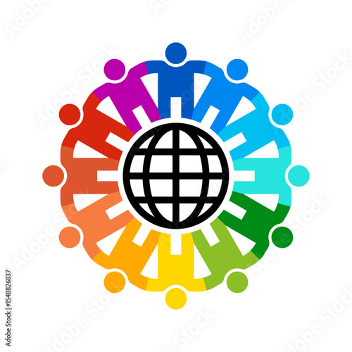 People holding hands forming a gear around of world globe symbol. Vector isolated on white background.	