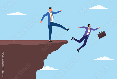 Vector illustration of a businessman kicking another businessman off the top of a mountain, symbolizing ruthless competition, power struggles, and betrayal in the business world
