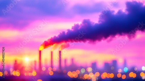 Industrial Factory at Sunset with Smoke Plumes