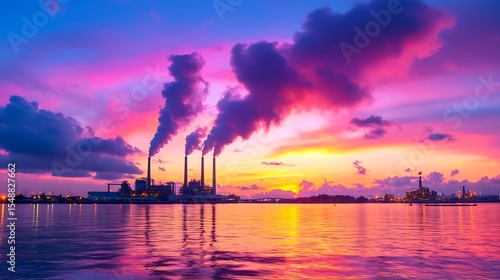 Industrial Factory at Sunset with Vibrant Sky and Water Reflection