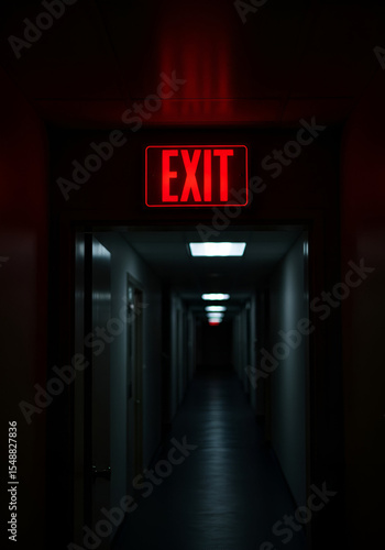 A dark corridor with a glowing red EXIT sign.