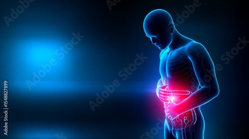 Illustration of human digestive system highlighting stomach pain in x-ray style