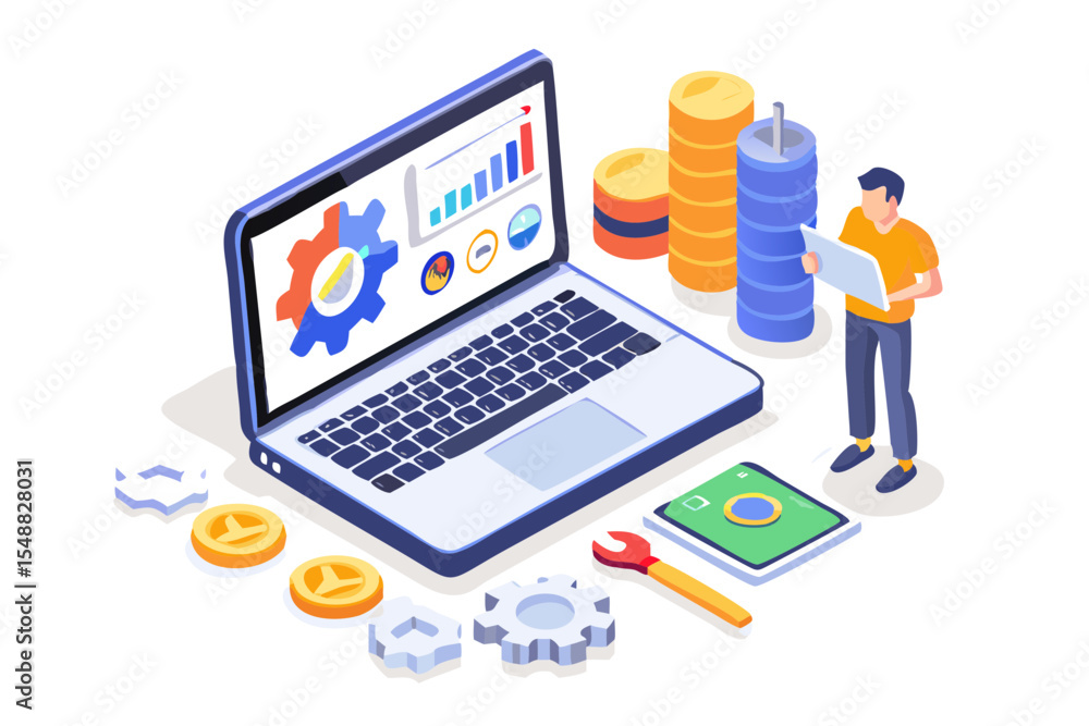 Isometric Illustration of Data Analysis and System Maintenance Isometric Illustration of Data Analysis and System Maintenance