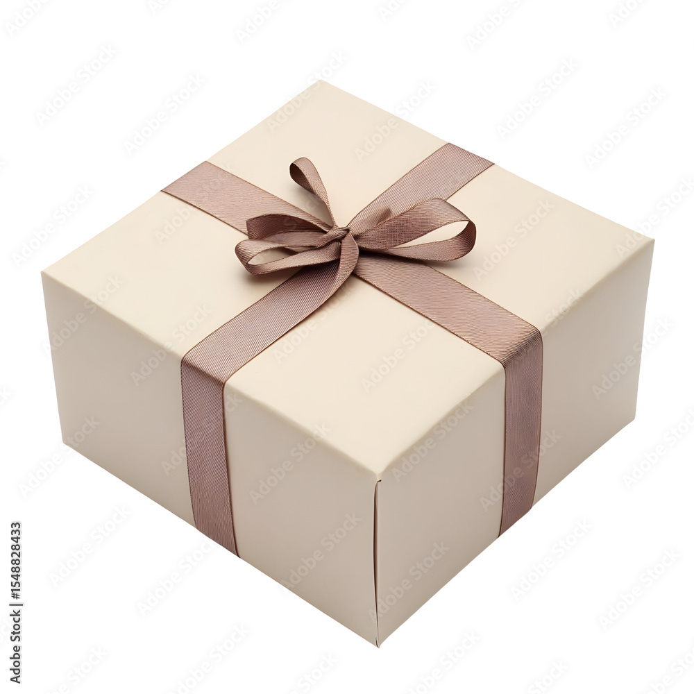 Obraz premium A square cream colored gift box is centered with a brown ribbon and bow set on white or transparent background