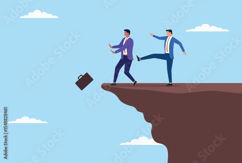 Vector illustration of a businessman kicking another businessman off the top of a mountain, symbolizing ruthless competition, power struggles, and betrayal in the business world
