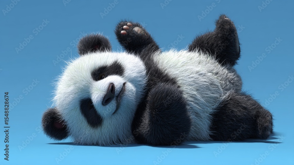 Fototapeta premium Cute panda cub playfully rolling on blue background