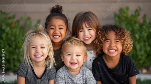 Five happy young diverse kids smile warmly in an outdoor setting