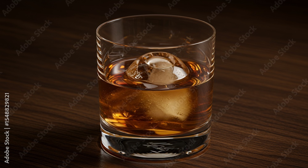 Amber Elixir: A Single Sphere of Ice in a Glass of Whiskey Amber Elixir: A Single Sphere of Ice in a Glass of Whiskey