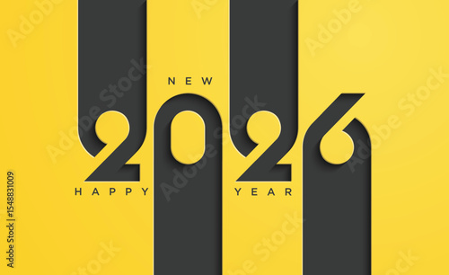 Happy New Year 2026 text design. Business diary cover for 2026 with wishes. Brochure, card, banner design template. Vector illustration. Isolated on yellow background.