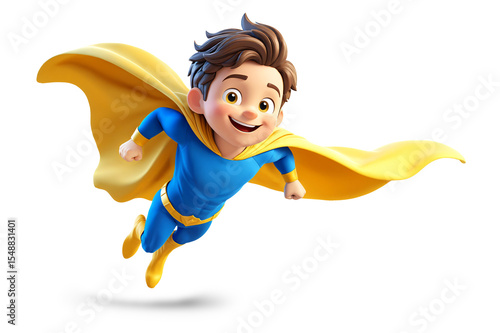 cute cartoon boy superhero as happy child character, 3d comic style
