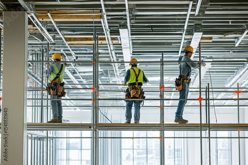 Crew working on overhead structures during building fit-out