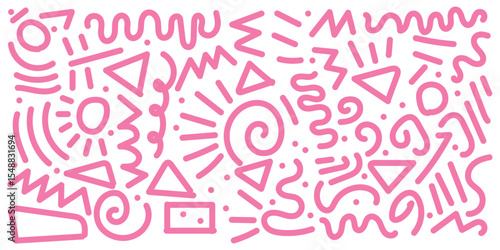 Abstract pink color line doodle seamless pattern set. Creative fun squiggle style drawing background collection with basic shape symbol. Simple geometric scribble wallpaper print in eps 10.