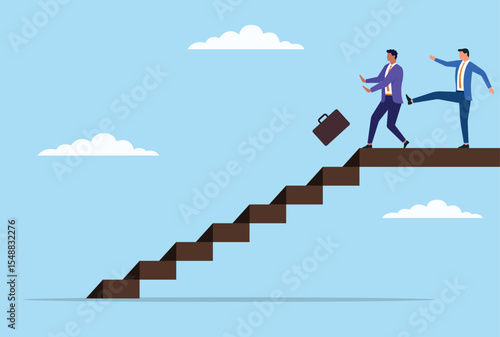 Vector illustration of a businessman shown kicking another businessman from the stairs, representing ruthless ambition, betrayal, and cutthroat competition in the workplace
