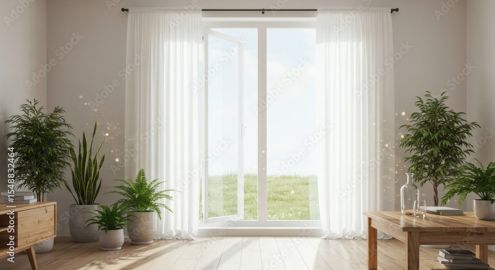 Fototapeta premium Serene Minimalist Living Room Interior Design with Plants and French Doors Sunlit and Peaceful