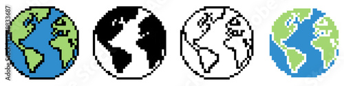 Pixel planet earth vector, designed with a retro, 8-bit style. Perfect for gaming globes, digital world maps, vintage space themes, or any design focusing on a pixelated Earth.