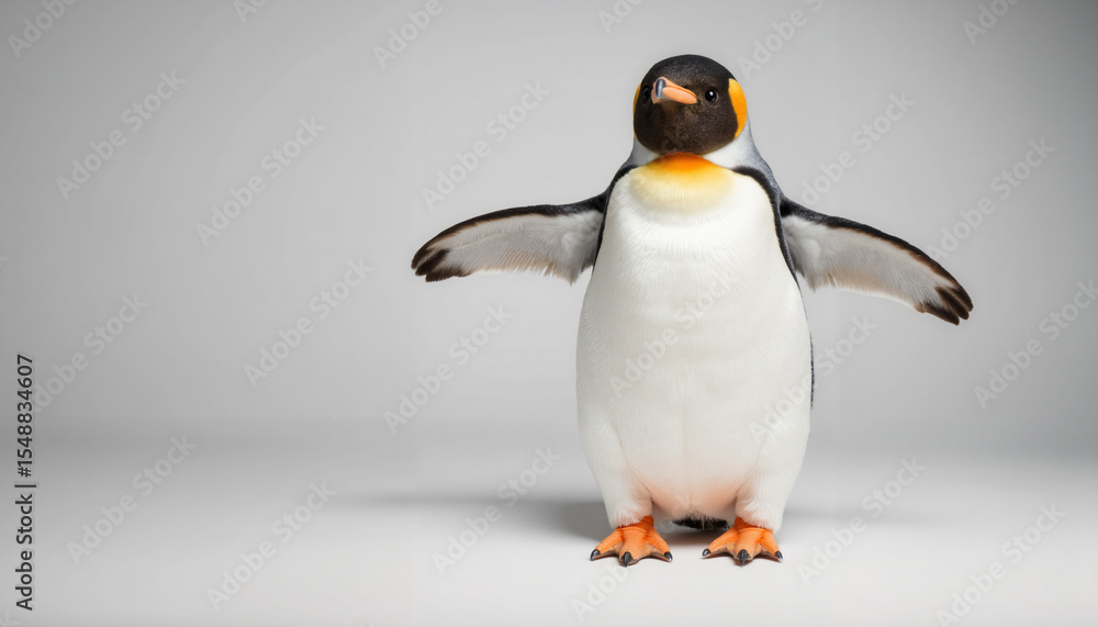 Fototapeta premium Penguin standing with wings outstretched on a gray background