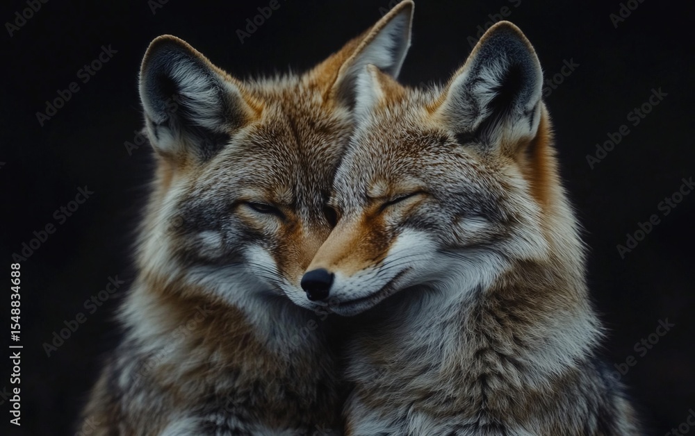Two coyotes lovingly nuzzled together, eyes closed, in soft focus against a dark background Two coyotes lovingly nuzzled together, eyes closed, in soft focus against a dark background