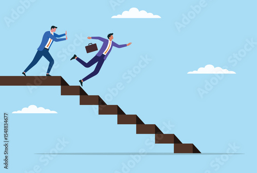 Vector illustration of a businessman pushing another businessman from the stairs, symbolizing betrayal, ambition, and the harsh reality of corporate power struggles
