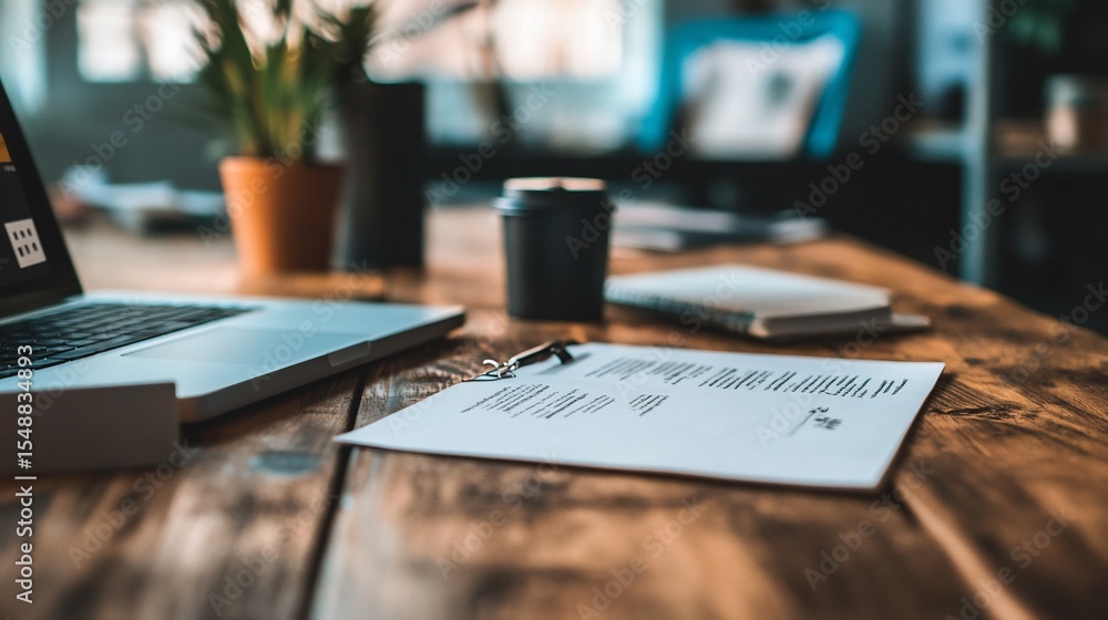 Wooden desk with laptop, clipboard, coffee, plant. Depth-of-field focus on paper Wooden desk with laptop, clipboard, coffee, plant. Depth-of-field focus on paper