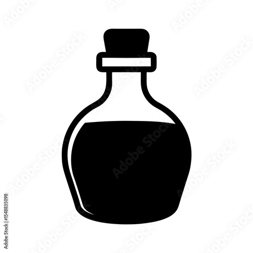 A black and white icon of a potion bottle with cork