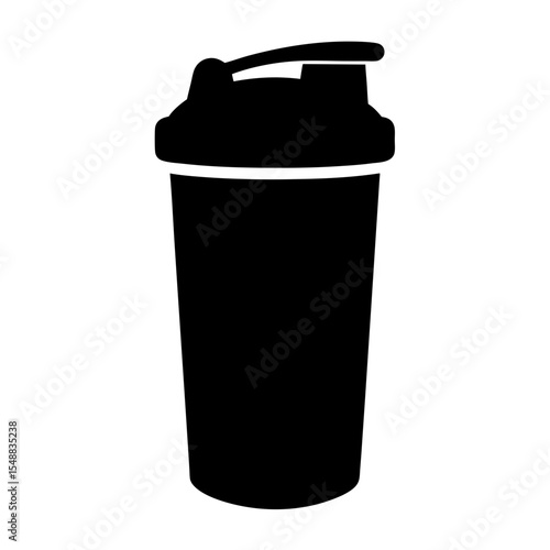 Silhouette image of a black protein shaker bottle on a white background