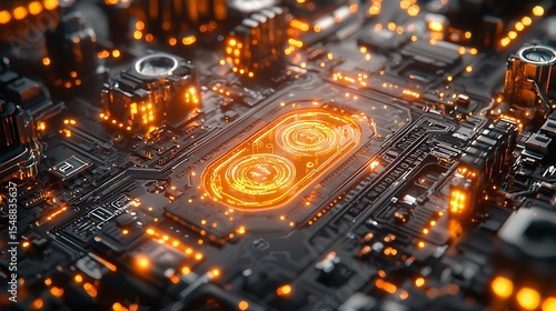 Isometric Cityscape Circuit Board with Glowing Orange Components