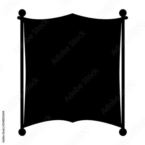 Elegant black sign or banner with ornate poles and spherical finials