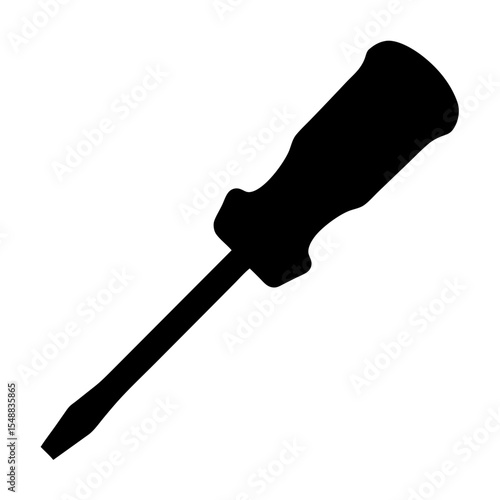 A simple black silhouette of a standard flathead screwdriver on white