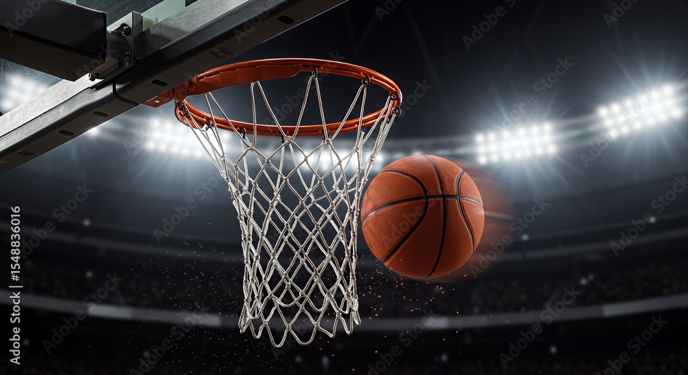 Dramatic Basketball Swish: Arena Lights Highlight Perfect Shot Dramatic Basketball Swish: Arena Lights Highlight Perfect Shot