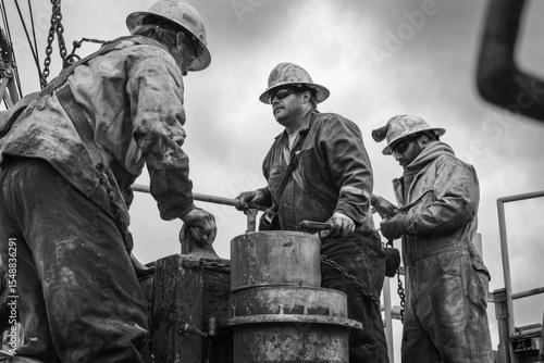 Drilling Team. Black and white photo of three oil workers working on a floating platform