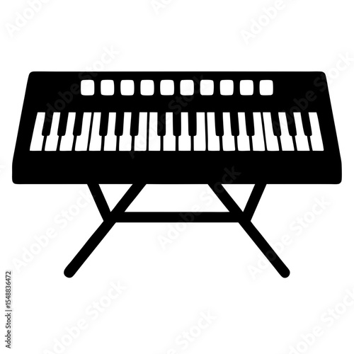 A stylized black and white illustration of a keyboard musical instrument