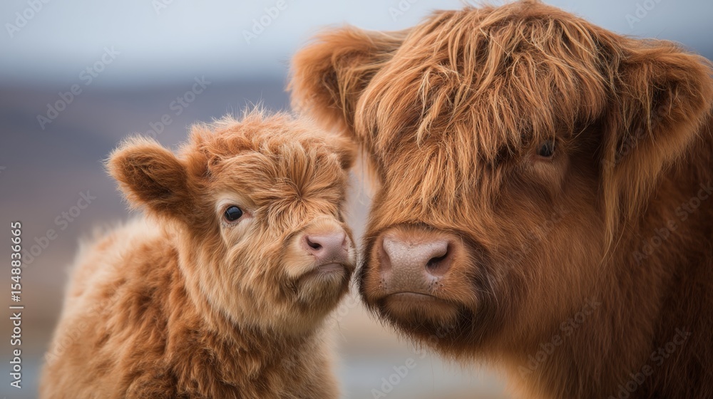 Highland cattle mother and calf in scenic landscape Highland cattle mother and calf in scenic landscape