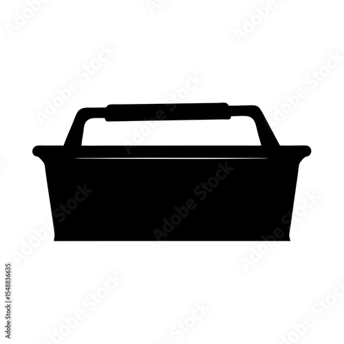 Simple black silhouette illustration of a hand held shopping basket icon
