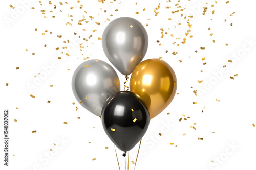 Elegant black gold silver balloons with confetti isolated on transparent background