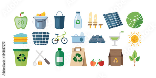 Eco-friendly sustainable living icons - recycling, solar energy, zero waste, green lifestyle flat vector set