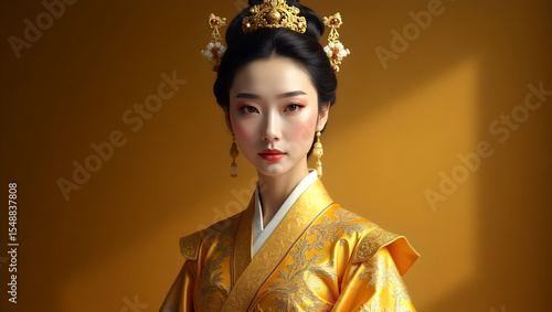 Elegant Young Woman in Gold Hanbok, Traditional Korean Dress