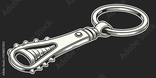 Metal bottle opener in the form of a key-chain with attached steel split ring close-up on a dark black background