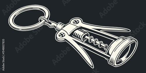 Metal bottle opener in the form of a key-chain with attached steel split ring close-up on a dark black background