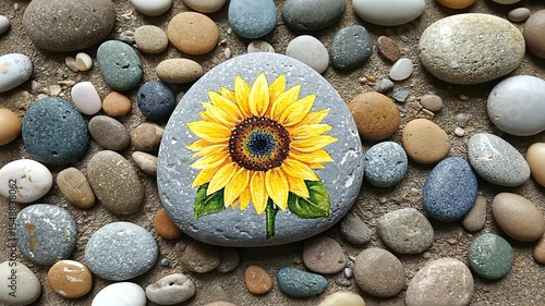 A beautifully painted sunflower on a smooth stone surrounded by various pebbles on a sandy surface