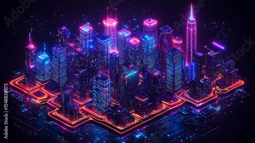 Isometric Futuristic City at Night with Neon Lights