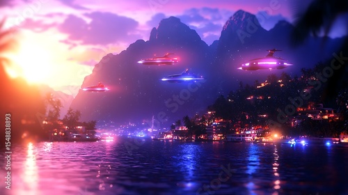Futuristic Underwater City at Sunset with Neon Lights and Flying Vehicles