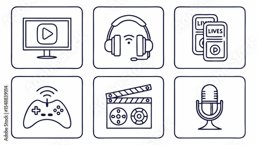 Multimedia Icons Video, Audio, Gaming, and Film Production Line Art