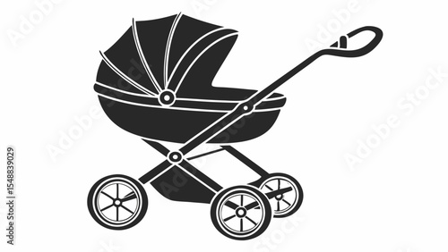 Simple Baby Stroller Icon – Solid Black Silhouette in Minimalist Flat Design