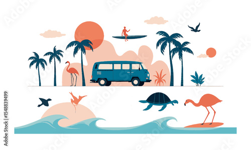 Modern vector illustration inspired by a retro beach and surf lifestyle theme, surfboards, palm trees, waves, a surf van, a sea turtle, tropical birds, easily editable and scalable.
