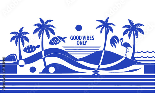 Modern vector illustration inspired by a retro beach and surf lifestyle theme, surfboards, palm trees, waves, a surf van, a sea turtle, tropical birds, easily editable and scalable.