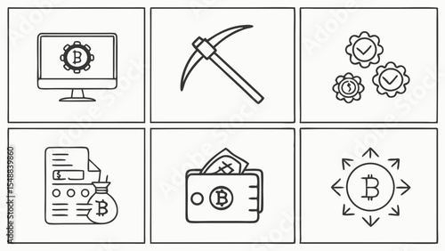 Cryptocurrency Mining and Transaction Icons A Set of Line Art Graphics