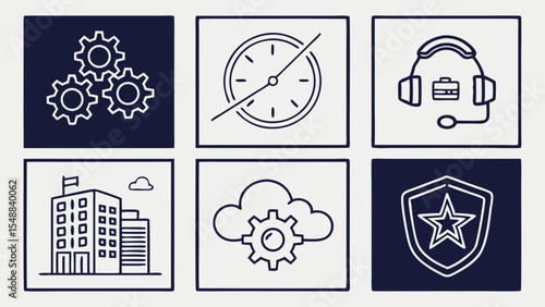 Efficient Business Solutions Time Management, Support, and Security Icons