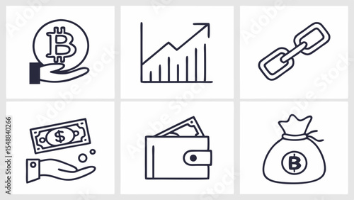 Financial Icons Bitcoin, Growth Chart, Money, Wallet, Blockchain, Investment. Innovation decentralization currency