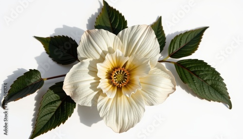 Stunning white flower with lush green leaves on a pristine white background, captivating closeup